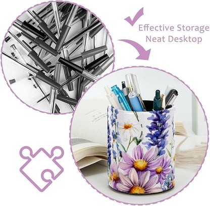Wildflowers Purple Bluebell Sage Chamomile with Butterflies Pen Holder for Desk, Round Pencil Cup Desktop Stationery Organizer for Home Office School Desk Brushes Storage