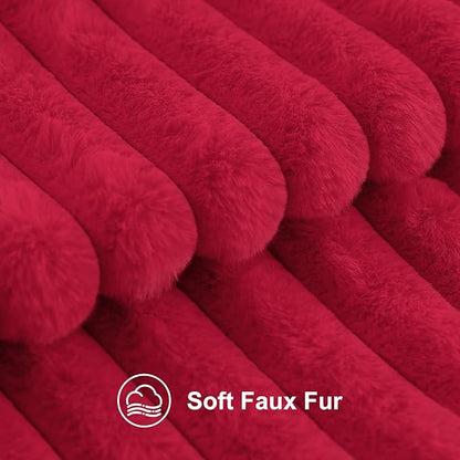 decorUhome Faux Fur Spring Throw Pillow Covers 22x22 Set of 2, Decorative Soft Plush Striped Neutral Couch Euro Sham Pillow Covers with Velvet Back for Sofa, Bed, Living Room Home, Red