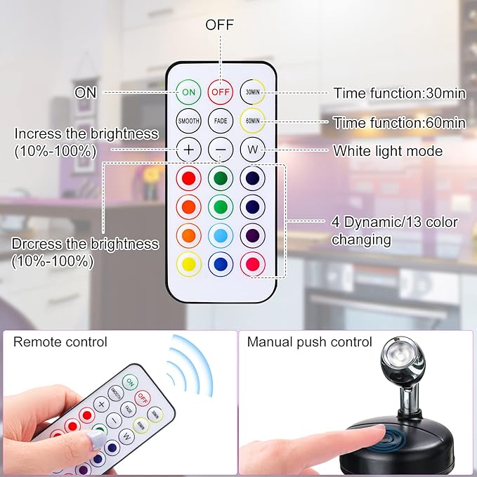 Tuanse 12 Pcs Battery Operated Spotlights Indoor LED Spot Display Lights Battery Powered Uplights 13 Colors Dimmable Mini Accent Lighting for Art Pictures Painting Closet(Black)