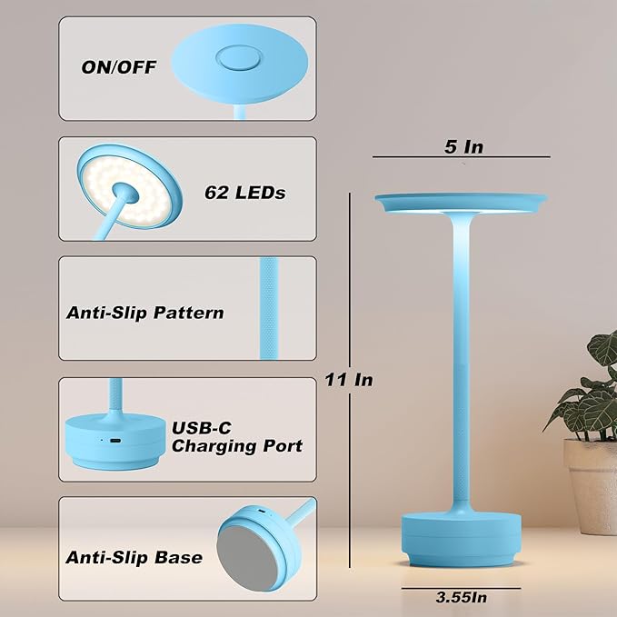 2 Pack Rechargeable Cordless Table Lamps, Portable 5000mAh Outdoor Table Light, 3 Color Stepless Dimming LED Table Lamp with Memory Function, for Home/Dinner/Patio/Restaurant.(Blue)