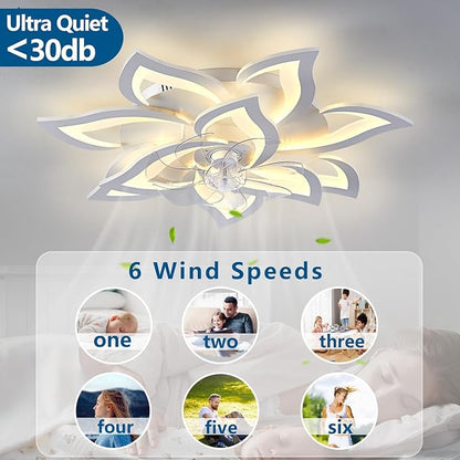 HuixuTe 32" Modern Geometric Ceiling Fan with Lights Remote Control, White 6 Speeds 3 Colors Low Profile Ceiling Fan with Light for Living Room