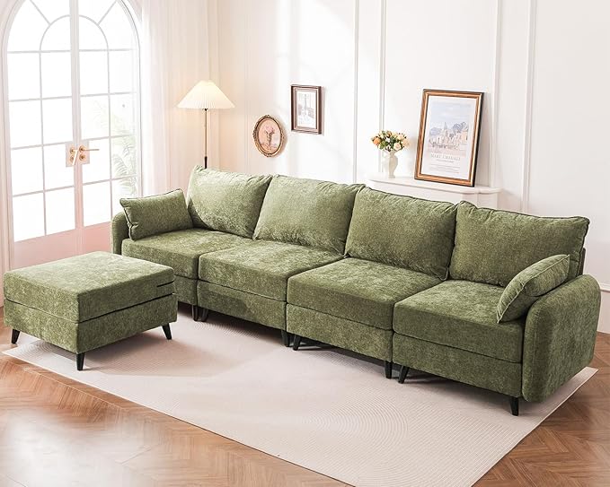135'' Modular Sectional Sofa with Seats Storage, Oversized L Shaped Couch with Deep Seat,4-Seater Comfy Cloud Couches for Living Room,Movable Ottoman,2 Throw Pillow,Chenille,Green