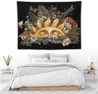 Vintage Sun Tapestry,Boho Hippie Mushroom Starry Floral Forest Plant Tapestries Wall Hanging for Dorm Living Room Bedroom Home Decor(60"x80")