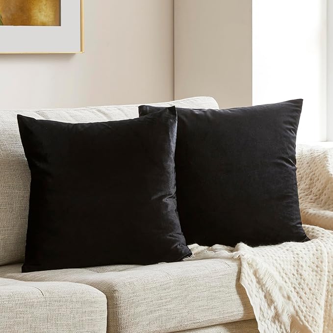 GIGIZAZA Black Velvet Pillow Covers 18x18,Decorative Square Throw Pillows Modern Covers Small Solid Living Room Pillow Cases for Couch Pack of 2