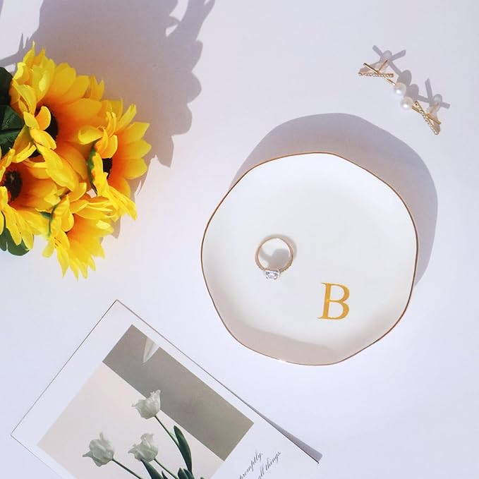 Ceramic Jewelry Tray Initial Ring Dish Personalized B-Monogrammed Engagement Wedding Gifts, for Birthday Mother's Day Christmas for Women, Ceramic White 4.75" (B)