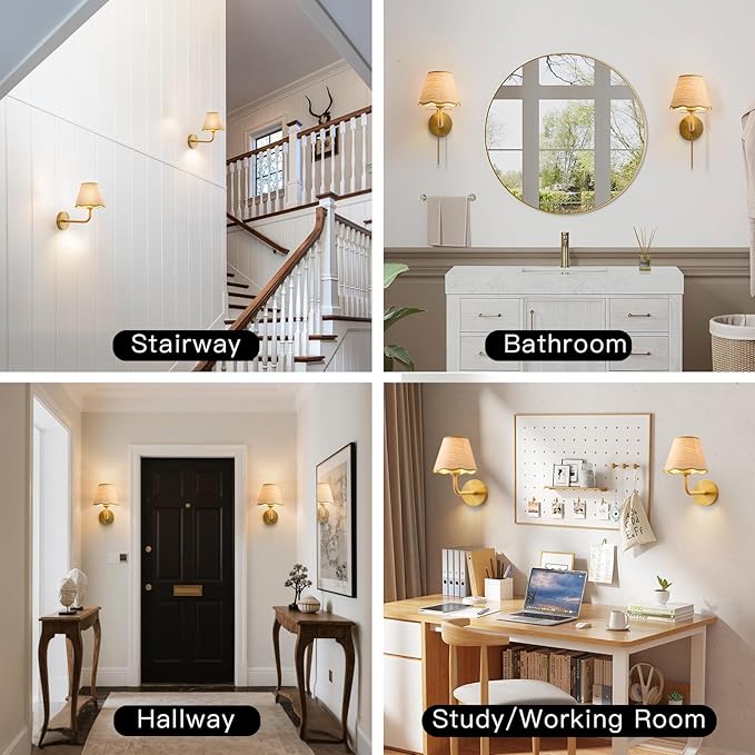 Battery Operated Rattan Wall Sconces Set of Tow, Wireless Rechargeable Battery Powered Wall Light with Grass-Woven Lampshade for Bedroom Living Room Hallway Porch(E26 Bulb Included)