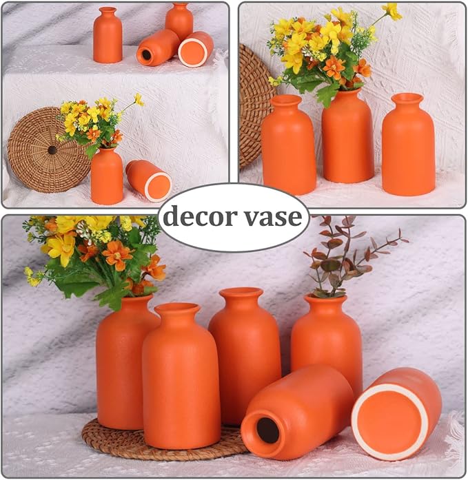 Orange Bud Vases Set of 6 - Mini Orange Ceramic Vases for Flowers, Modern Bud Vase for Table Decor, Boho Small Vase for Home Decor, Centerpieces in Bulk for Wedding, Home, Table, Party Decor