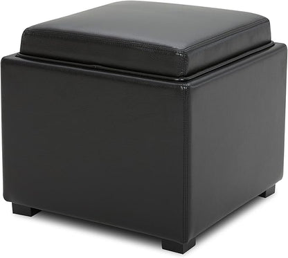 CHITA Storage Ottoman Cube with Tray Lid, Small Footstool with Storage, Square End Table for Living Room and Bedroom, Faux Leather in Black