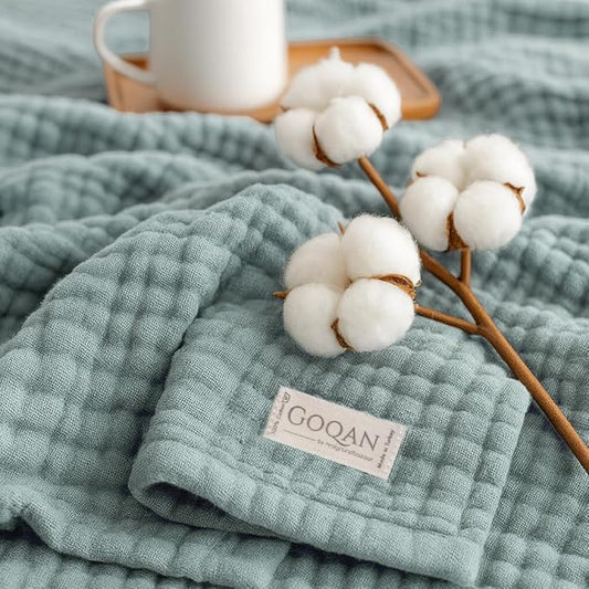 Goqan Throw Blanket 55x60 – 100% Turkish Cotton 4 Layer Boho Muslin Blanket for Adults, Four Season Blanket Lightweight and Thin, Soft, Breathable for Bed, Couch, Picnic - Aqua Green