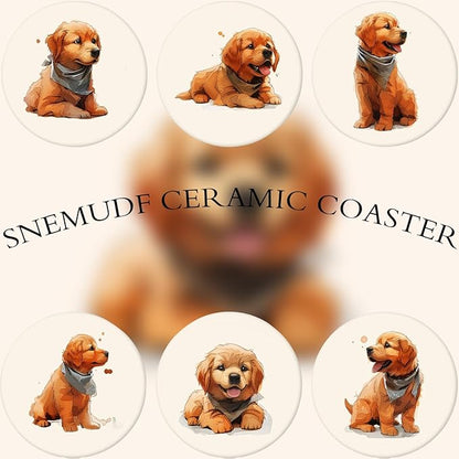 Boho Set of 6 Coasters for Drinks Absorbing Round Ceramic Stone Coaster with Cork Base,Tabletop Protection Mat for Mugs and Cups,Office,Kitchen (Golden Retriever Puppy)