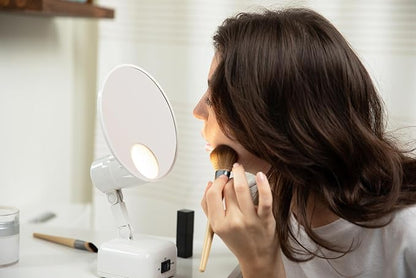 Floxite FL-615-2 15X magnifying mirror with light, Lighted travel makeup mirror with light and magnification, Round, LED, Tabletop, Portable vanity mirror for desk bathroom, electric plug in, personal