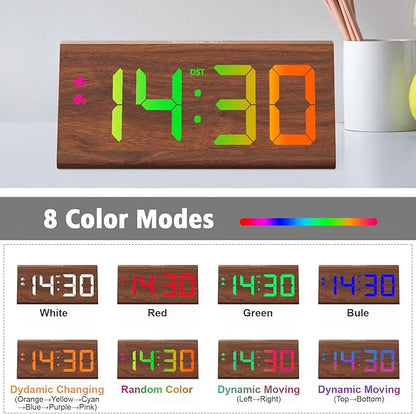 Wooden Digital Alarm Clock with Dual USB Charging Ports, DST, Dimmable, Snooze, RGB Colors, Modern Large Time Display LED Clock for Kids Bedrooms, Living Room, Desk, Table, Bedside, Nightstand (Brown)