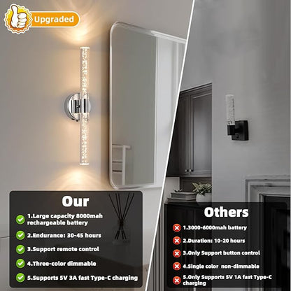 Silver Wall Light LED Battery Operated Wall Sconces(2 Pack), 20-Inch Dimmable Crystal Wall Sconce, Rechargeable Chrome Bubble Wall Lights, Wireless Wall Lamp for Bedroom, Living Room
