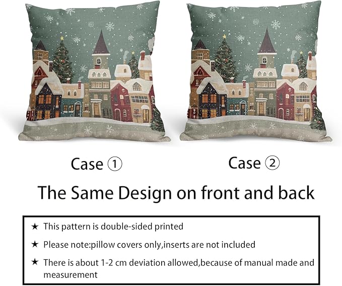 Christmas Snoflake Pillow Covers 18x18 Set of 2 Green House Throw Pillow Covers Winter Pillowcase Linen Decoration Farmhouse Cozy Soft Cushion Case Couch for Indoor Outdoor Home Decor