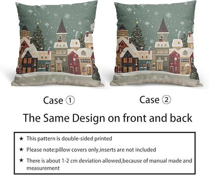 Christmas Snoflake Pillow Covers 16x16 Set of 2 Green House Throw Pillow Covers Winter Pillowcase Linen Decoration Farmhouse Cozy Soft Cushion Case Couch for Indoor Outdoor Home Decor