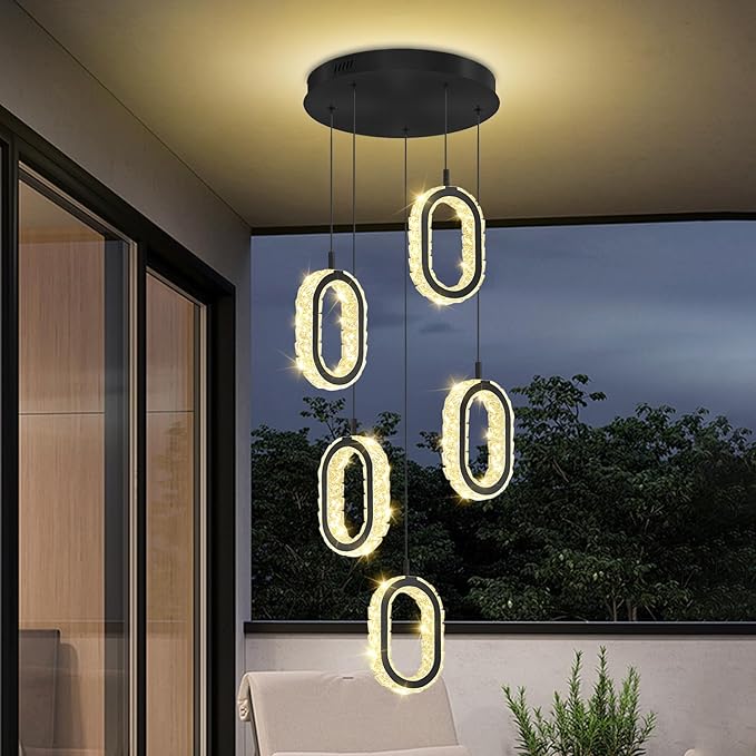 Dimmable Rings Chandelier for Staircase, Black Crystal Ring Chandelier High Ceiling 5-Light Oval Ring Pendant Light for Living Room,Hallway, Entryway, Bedroom