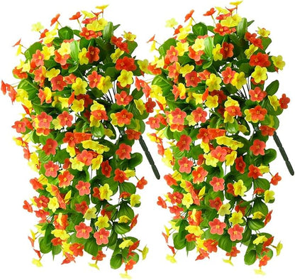 Artificial Fake Hanging Flowers for Outdoors, 2 Pcs Artificial Hanging Plants Outdoors Spring Summer Decor, UV Resistant Faux Violet Silk Flowers for Planters Front Door Yard Garden(Orange Yellow)