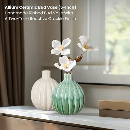 Torre & Tagus 5" Reactive Glaze Ceramic Green Bud Vase - Mint Green Two-Tone Handmade Textured Vases for Home Decor & Flowers as Small Decorative Accents for Coffee Table & Shelf (Allium 5 Inch Vase)