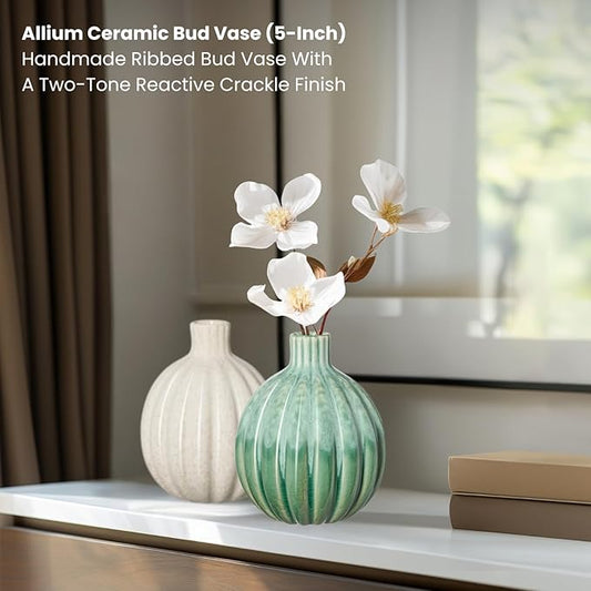 Torre & Tagus 5" Reactive Glaze Ceramic Green Bud Vase - Mint Green Two-Tone Handmade Textured Vases for Home Decor & Flowers as Small Decorative Accents for Coffee Table & Shelf (Allium 5 Inch Vase)