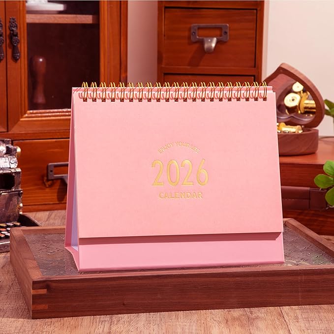 Small Desk Calendar 2025-2026, Standing Flip Desk Calendar Use Now to Dec 2026, with To-do List & Notes, Metal Ring Twin-Wire Binding with Stickers, Monthly Desktop Calendar for Home Office (Pink)