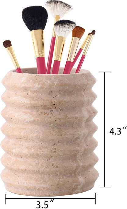 WORHE Pen Holder Stand for Desk, Natural Travertine Stone Makeup Brush Holders, Modern and Functional Pencil Cup for Office Supplies Tableware Organizer for Home Decor School Beige (PH90110)