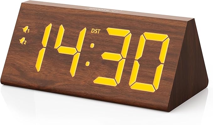 Wooden Digital Alarm Clock with Dual USB Charging Ports, DST, Dimmable, Snooze, Modern Large Time Display LED Clock for Kids Bedrooms, Living Room, Desk, Table, Bedside, Nightstand (Brown)