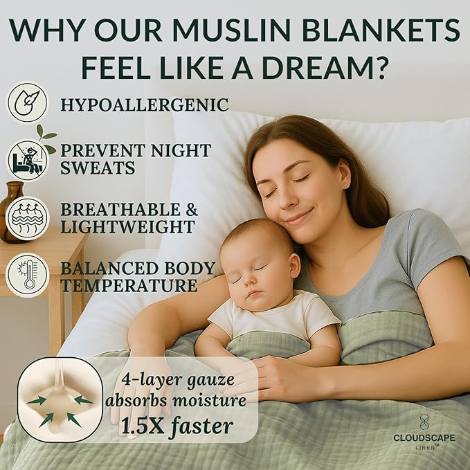 Luxury 100% Cotton Muslin Blanket Queen Size, 4 Layer Oversized 90x90 Fits Upto Full Size Bed, Layering Winter Blankets for Bed, Soft Gauze Quilt, All Season Olive Green Bedding