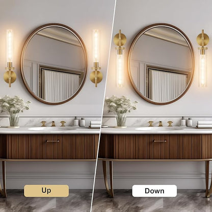 19.5" Knurled Brass Wall Sconces Set of 2, Gold Bathroom Vanity Light Fixtures with Clear Glass Tube, Modern Lamp Lighting for Bedroom, Living Room, Hallway, Staircase, Mirror, Kitchen