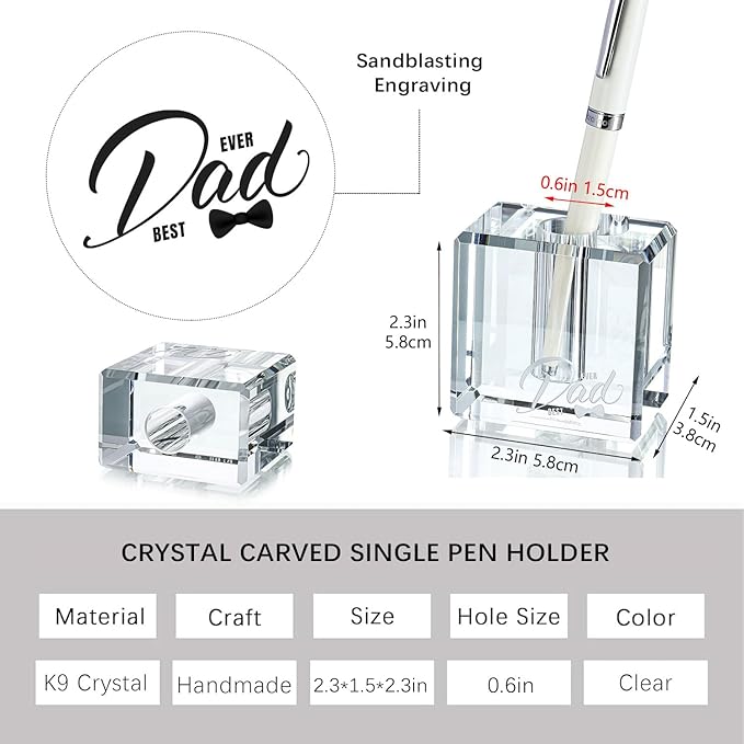 Fathers Day Crystal Christmas Gifts for Dad Crystal Carved Single Pen Holder, 2.4" Fancy Fountain Pen Holder for Desk, Glass Feather Pencil Stand for Office Desktop Decoration, Gift for Father Man