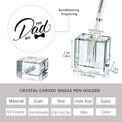 Fathers Day Crystal Christmas Gifts for Dad Crystal Carved Single Pen Holder, 2.4" Fancy Fountain Pen Holder for Desk, Glass Feather Pencil Stand for Office Desktop Decoration, Gift for Father Man