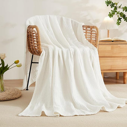 EMME Cotton Muslin King Blanket Big Oversized Bed Layering Bedspread Coverlet Breathable Gauze Soft Lightweight Blankets (White, 120"x94")