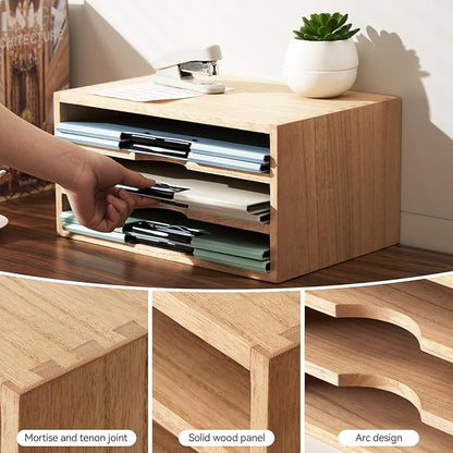 KIRIGEN Wooden Desktop Organizer Paper Storage Letter Tray File Sorter - Desk Rack Magazine File Dividers Holders for Home Office Accessories Wood Desk Cabinet with 3 Layer Trays Natural(3KWJG-NA)