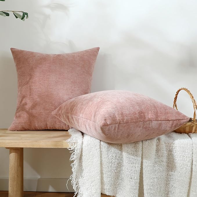 Jeneoo Blush Pink Decorative Throw Pillow Covers Soft Chenille Comfy Square Couch Cushion Cases for Living Room Sofa Decor (Set of 2, 14 x 14 Inches)