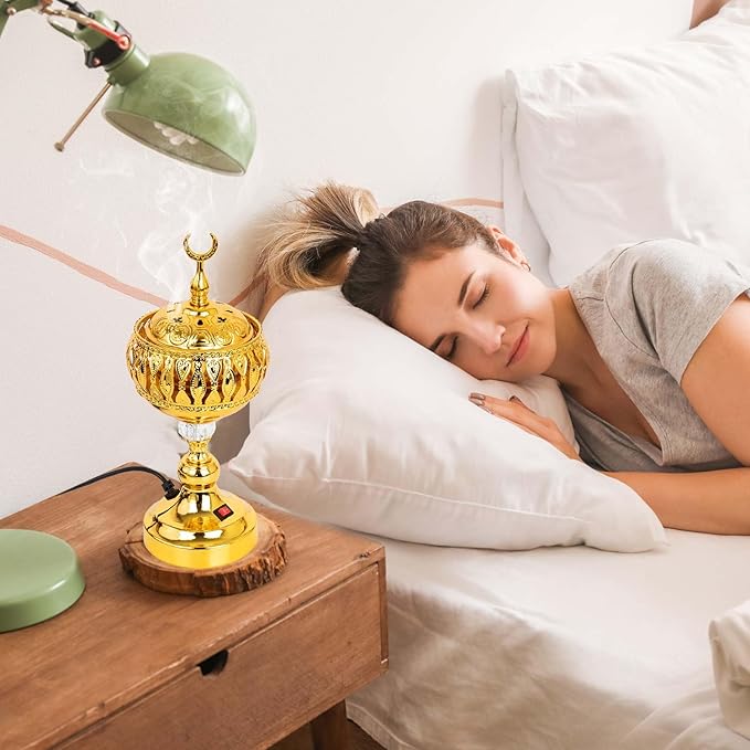 Golden Electric Incense Burner, Arabian Style Frankensense Electric Incense Holder with US Plug, Middle Eastern Tabletop Decorative Censer for Yoga Spa Home Office Christian Church Decor