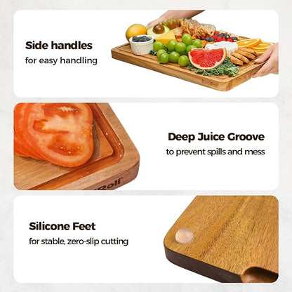 Acacia Wood Cutting Board for Kitchen - 13"x10" Everyday Chopping Board with Handles and Juice Grooves, Soild Wood Serving Tray for Cheese & Meat, Ideal Gift for Housewarming & Christmas