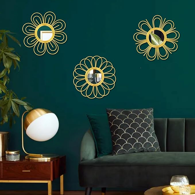 Gold Mirrors 3 Piece, 9 inch Flower-Shaped Mirror Hanging Wall Decor, Christmas Decorative Mirror Wall Art, Round Mirrors for Bedroom,Living Room,Bathroom, House Warming