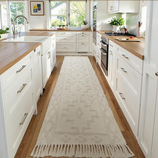 Uphome Boho Runners for Hallways 2.6' x 10', Washable Farmhouse Entryway Runner Rug, Cotton Tufted Bedroom Runner Rugs, Bohemian Tribal Aesthetic Rug for Kitchen Doorway Bathroom Living Room, Beige