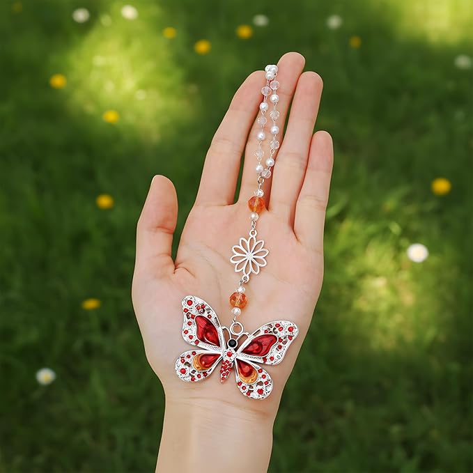 Red Crystal Butterfly Car Charms - Vintage Rear View Mirror Hanging Ornament, Sun Catcher Window Pendant for Car Interior Decoration, Halloween for Mom Aunt Women