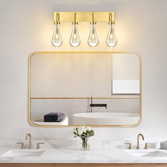 Raindrop Wall Sconces Gold Crystal Sconces Wall Decor Modern Lighting Glass Bathroom Sconces Indoor Vanity Light Wall Lamp for Bedroom Living Room Stair(4-Light)