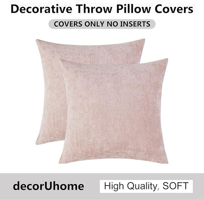 decorUhome Chenille Blush Pink Spring Throw Pillow Covers 16x16 Inch Set of 2, Decorative Soft Couch Pillow Covers Solid Dyed Accent Farmhouse Neutral Square Pillow Cases for Sofa