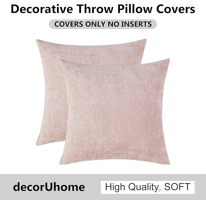 decorUhome Chenille Blush Pink Spring Throw Pillow Covers 24x24 Inch Set of 2, Decorative Soft Couch Pillow Covers Solid Dyed Accent Farmhouse Neutral Square Pillow Cases for Sofa