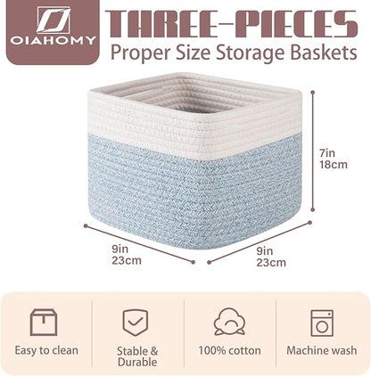 OIAHOMY 9”x9”x7” Storage Cubes, Cotton Rope Woven Baskets for Organizing, Cube Storage Bin, Small Gift Basket for Shelf, 3-Pack, Blue&White