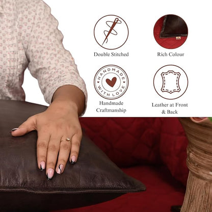 Lambskin Leather Pillow Cover - Sofa Cushion Case - Decorative Throw Covers for Living Room & Bedroom, 18x18 Inches - Dark Brown Crunch Box Pack of 2
