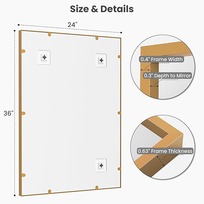24''x36'' Gold Bathroom Mirror | Antique Brass Deep-Set Recessed Metal Frame | Heavy-Duty Rectangular Wall Mirror | Traditional Mantel & Bedroom Decor