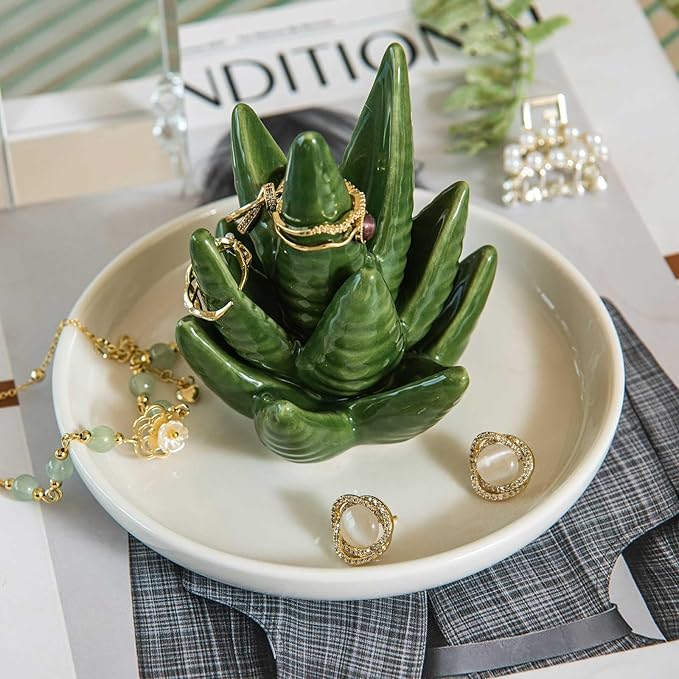 Aloe Ring Holder Dish, Ceramic Jewelry Tray Trinket Dish for Necklace Keychain Organizer, Cute Funny Birthday Wedding Mothers Day Gift for Women Friends Girls