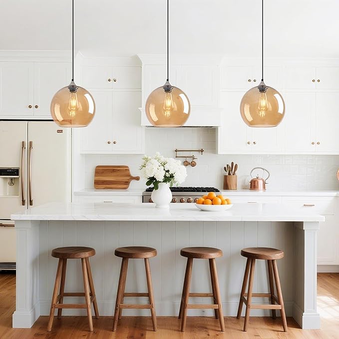 Amber Glass Pendant Lights Kitchen Island Globe Pendant Light Fixtures Modern Pendant Lighting for Bedroom Living Dining Room Light Fixture (9.84 in, 1 Pack)