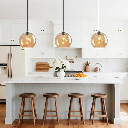 Amber Glass Pendant Lights Kitchen Island Globe Pendant Light Fixtures Modern Pendant Lighting for Bedroom Living Dining Room Light Fixture (9.84 in, 2 Pack)
