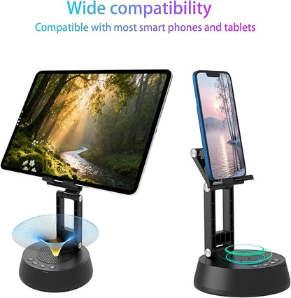 Cell Phone Stand with Wireless Bluetooth Speaker,Adjustable Height and Angle Foldable Cell Phone Stand Holder Bluetooth Speaker for Desk, Phone Stand Compatible with 4.7"-13" Smartphones(Black)