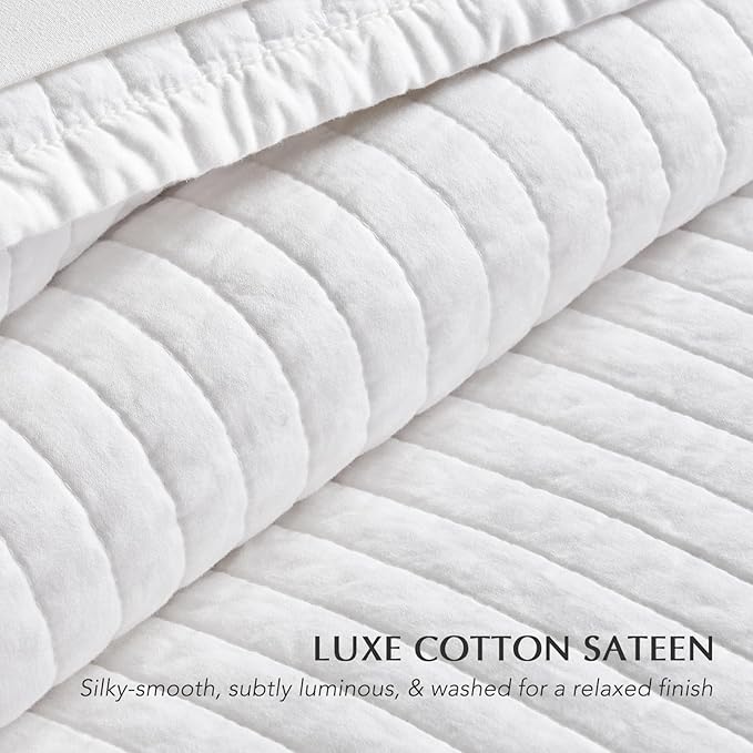 EVERGRACEHOME Cotton Sateen Quilt Set King Size, Pre-Washed Cotton Channel Stitch Coverlet Bedspread, 3 Pieces Lightweight Soft Bedding Sets for All Season, with 2 Pillow Shams, Bright White