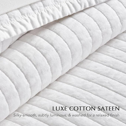 EVERGRACEHOME Cotton Sateen Quilt Set King Size, Pre-Washed Cotton Channel Stitch Coverlet Bedspread, 3 Pieces Lightweight Soft Bedding Sets for All Season, with 2 Pillow Shams, Bright White